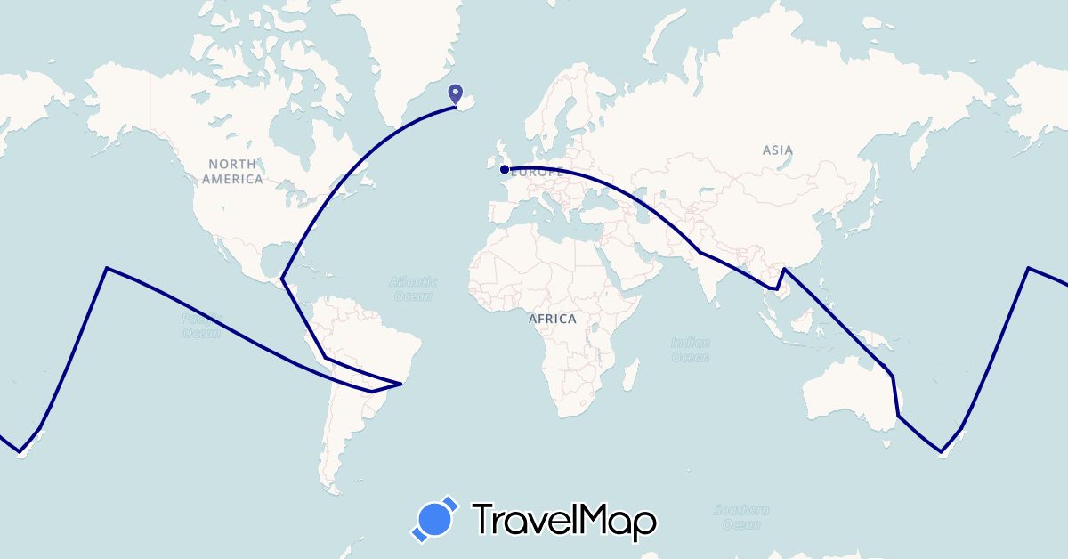 TravelMap itinerary: driving in Argentina, Australia, Brazil, United Kingdom, Guatemala, India, Iceland, Cambodia, New Zealand, Peru, Thailand, United States, Vietnam (Asia, Europe, North America, Oceania, South America)